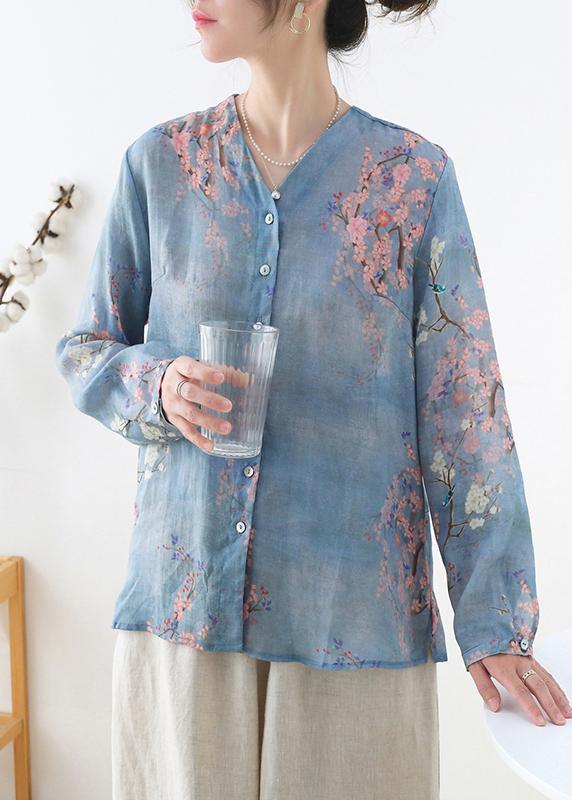 French Grey Blue Print Button Linen Shirt Top Long sleeve - Omychic