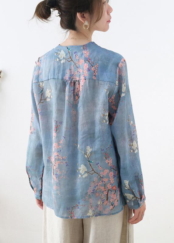 French Grey Blue Print Button Linen Shirt Top Long sleeve - Omychic