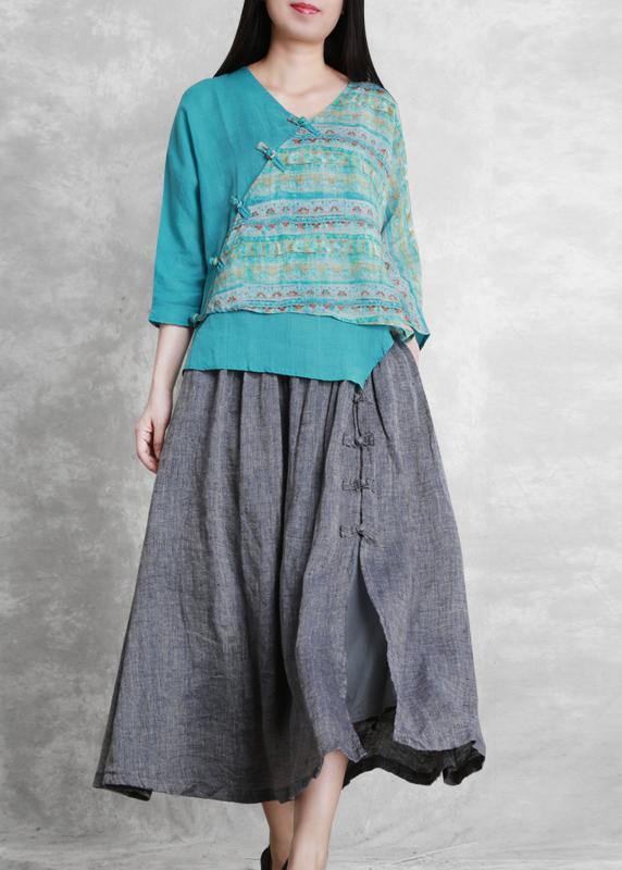 French Grey Elastic Waist Oriental Summer Linen Skirt - Omychic