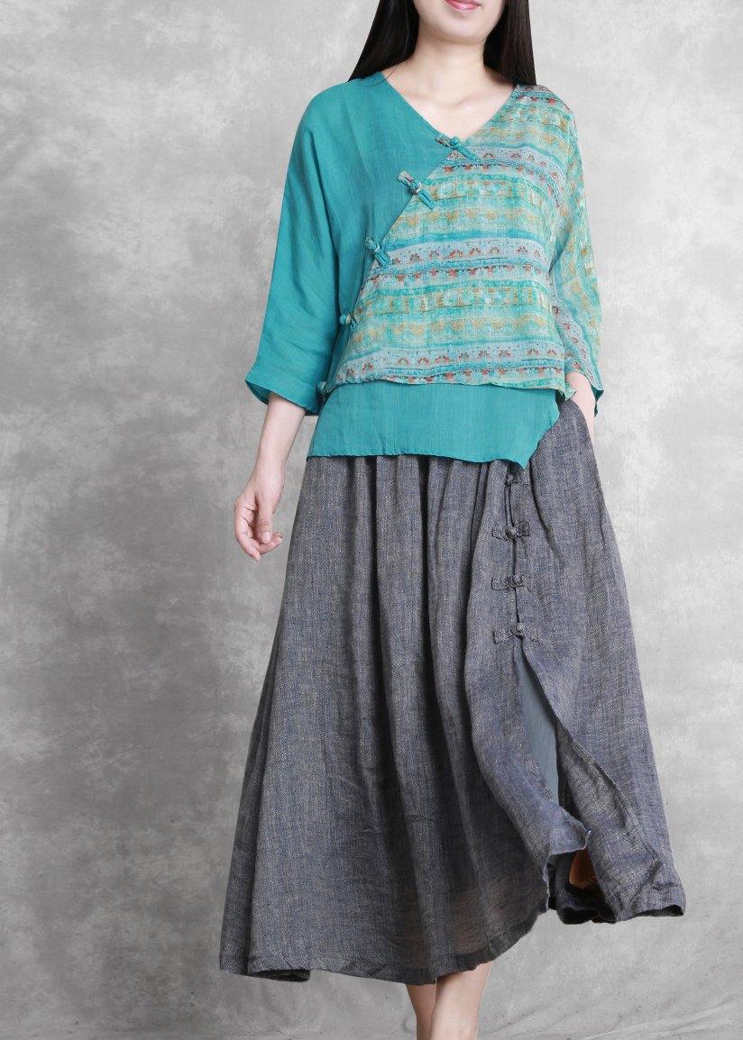 French Grey Elastic Waist Oriental Summer Linen Skirt - Omychic