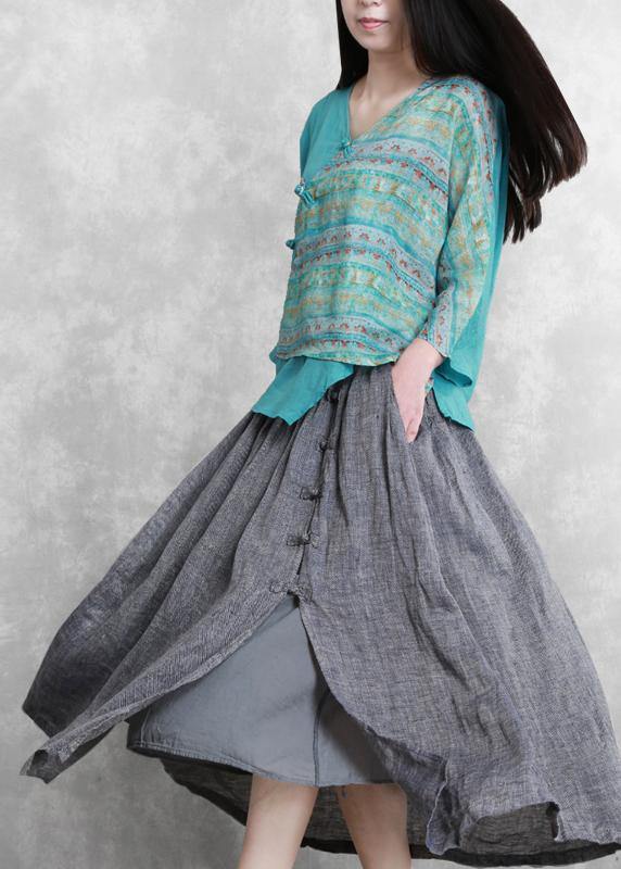 French Grey Elastic Waist Oriental Summer Linen Skirt - Omychic