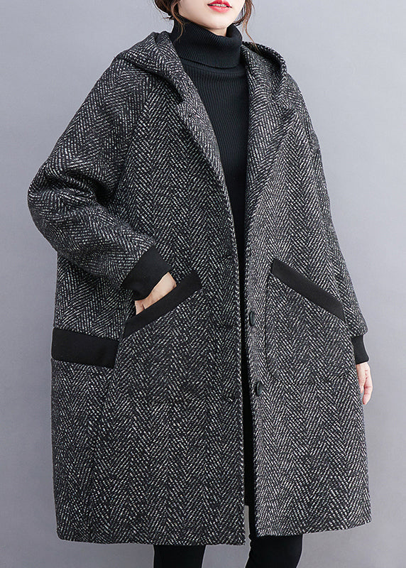 French Grey Hooded Button Pockets Thick Woolen Coats Winter