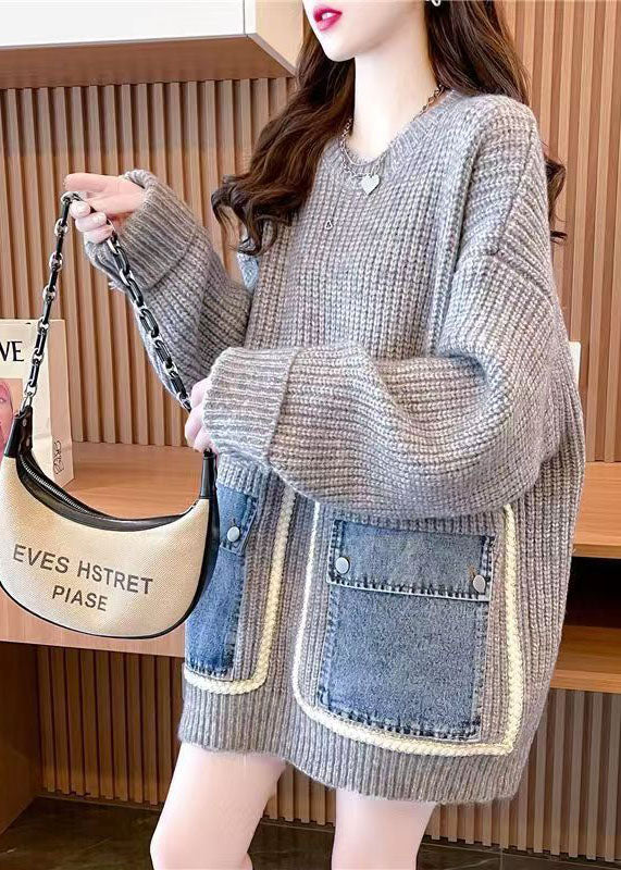 French Grey O-Neck Oversized Lazy Patchwork Pockets Knit Sweater Tops Winter