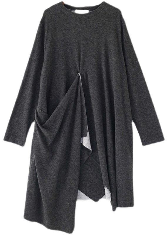 French Grey O-Neck Patchwork Fall Dress Long Sleeve