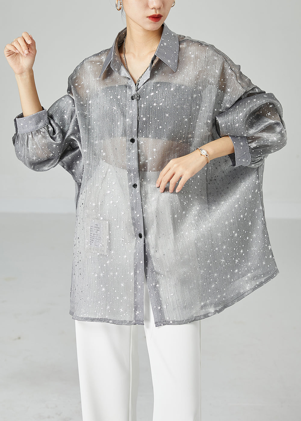 French Grey Oversized Print Silk Shirt Tops Summer