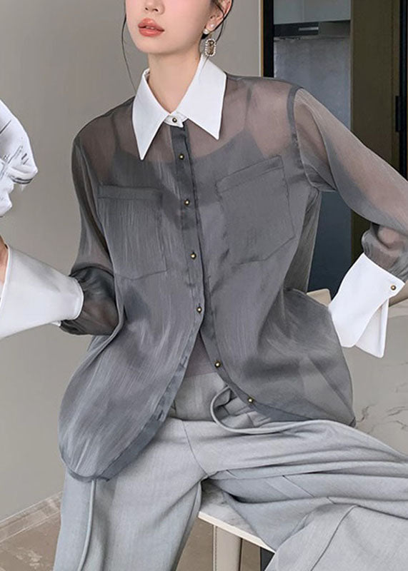French Grey Peter Pan Collar Button Silk Cotton Shirts Fall