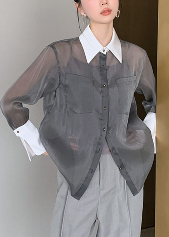 French Grey Peter Pan Collar Button Silk Cotton Shirts Fall