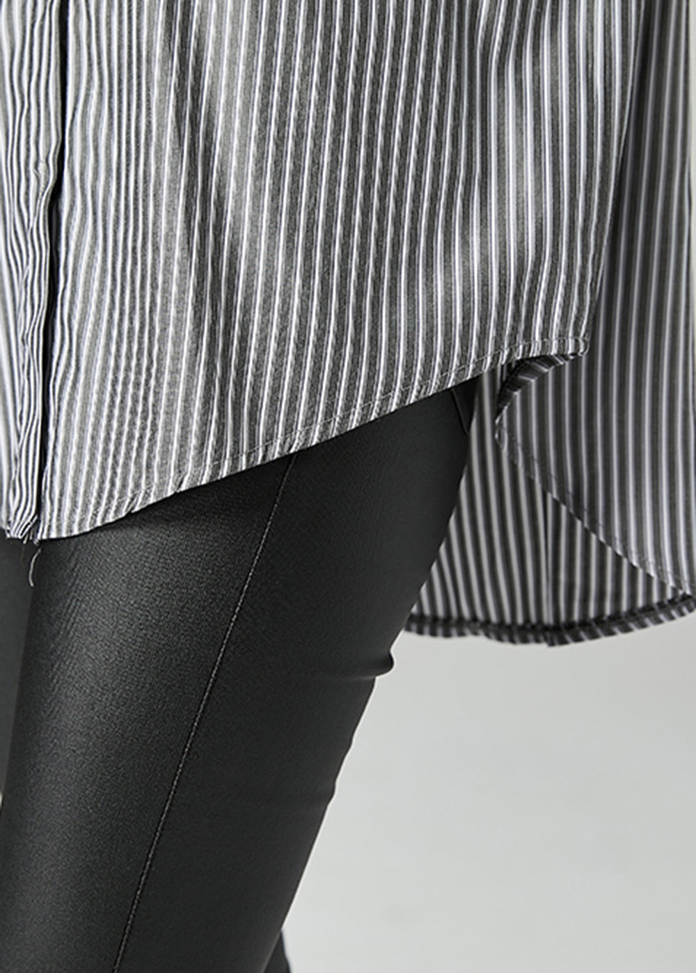 French Grey Peter Pan Collar Striped Pockets Cotton Shirt Spring