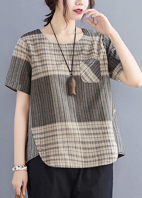 French Grey Plaid asymmetrical design Cotton Linen Blouse Top Summer - Omychic