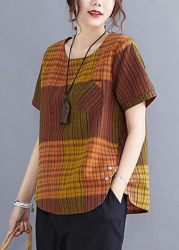 French Grey Plaid asymmetrical design Cotton Linen Blouse Top Summer - Omychic