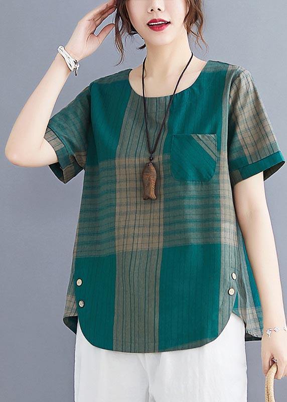 French Grey Plaid asymmetrical design Cotton Linen Blouse Top Summer - Omychic