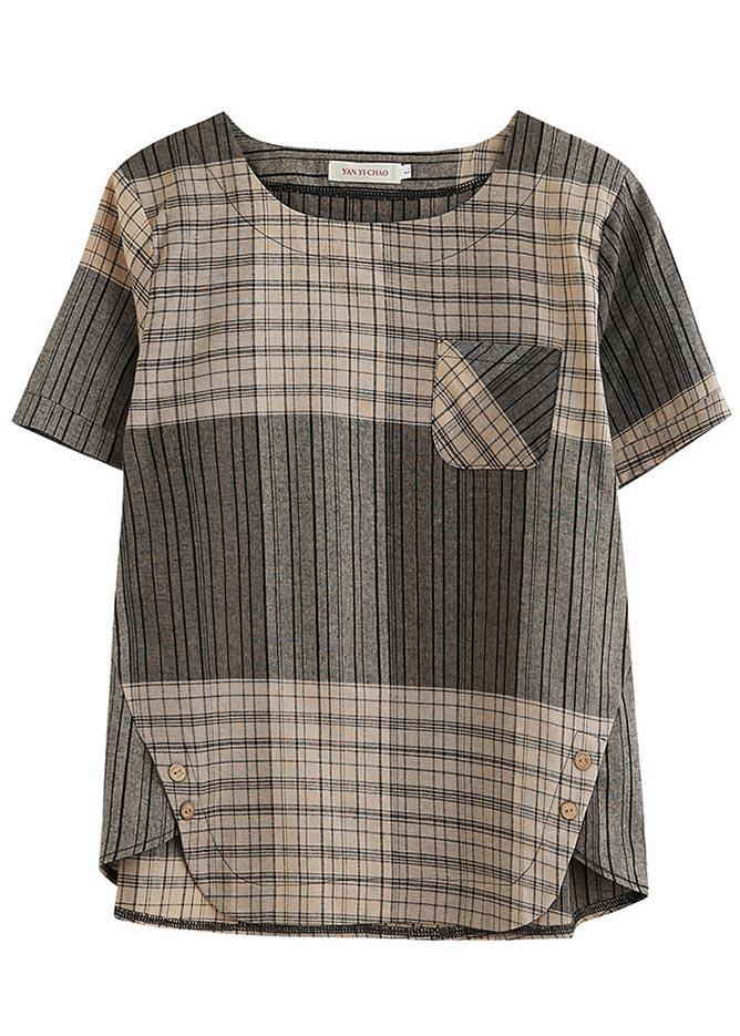 French Grey Plaid asymmetrical design Cotton Linen Blouse Top Summer - Omychic