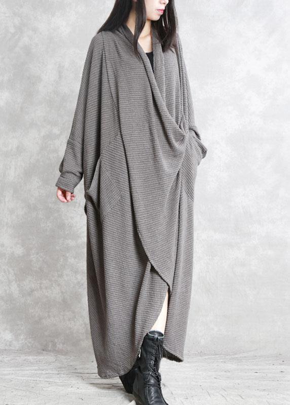 French Grey Pockets Asymmetrical Design Fall Long Sleeve Dress - Omychic