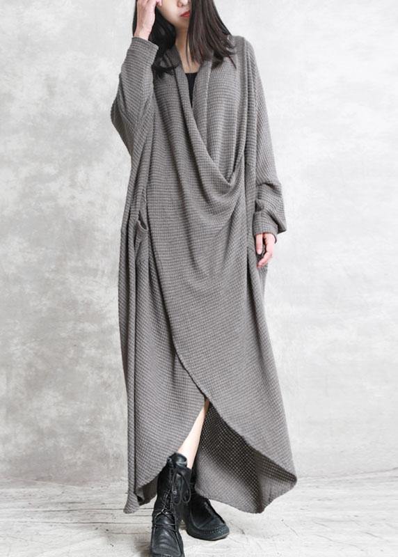 French Grey Pockets Asymmetrical Design Fall Long Sleeve Dress - Omychic