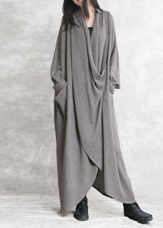 French Grey Pockets Asymmetrical Design Fall Long Sleeve Dress - Omychic