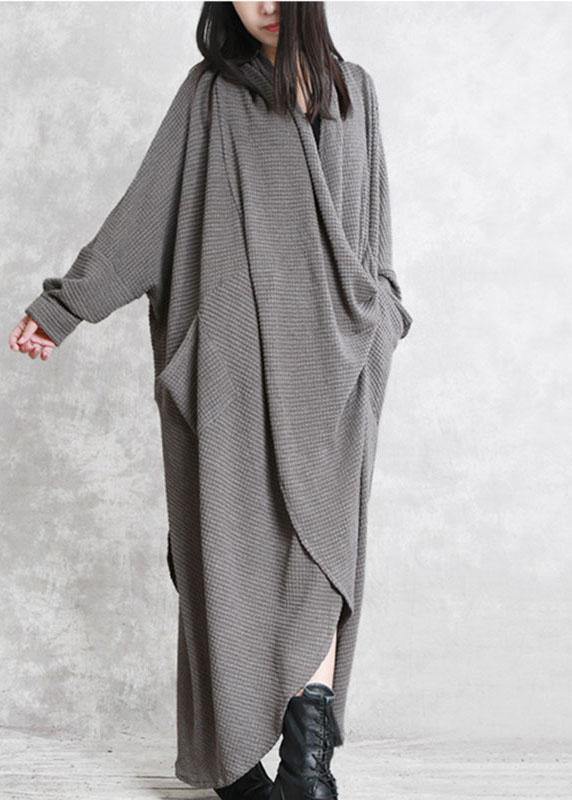 French Grey Pockets Asymmetrical Design Fall Long Sleeve Dress - Omychic