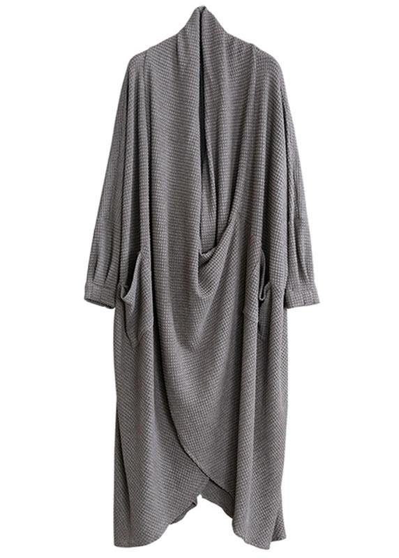 French Grey Pockets Asymmetrical Design Fall Long Sleeve Dress - Omychic