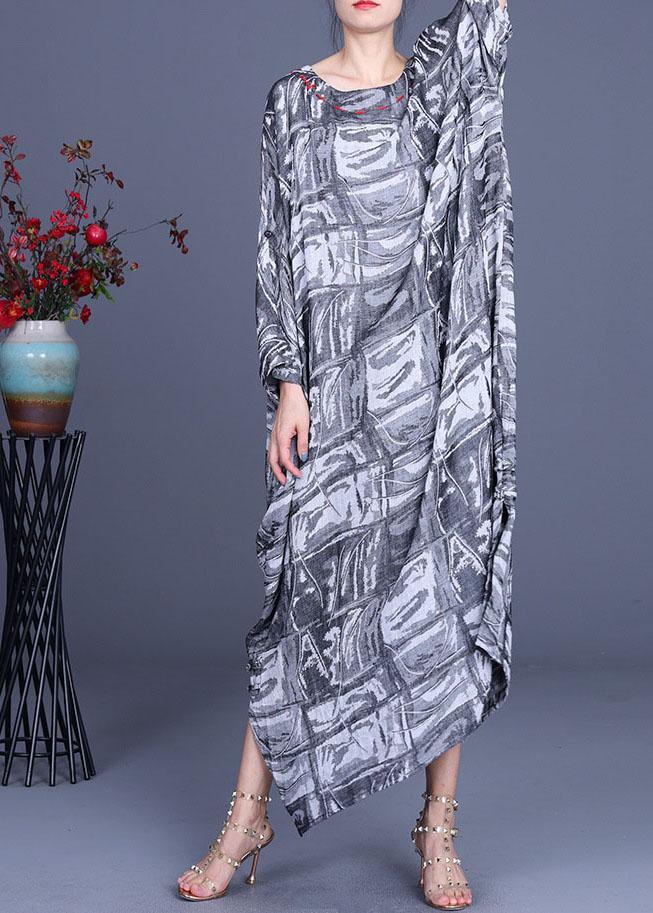 French Grey Print Cotton Linen Side open Party Dress Summer - Omychic