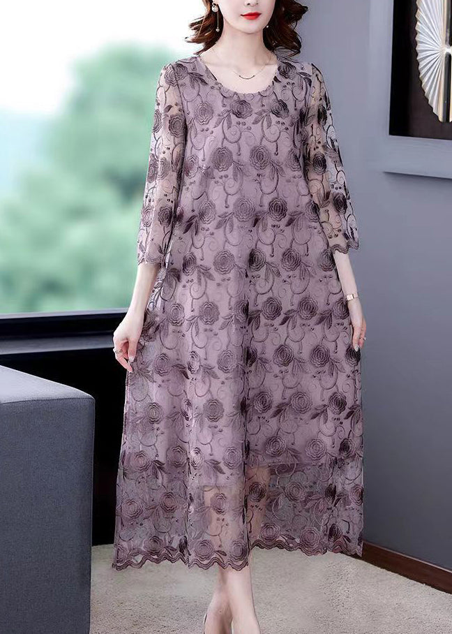 French Grey Purple O-Neck Embroidered Floral Tulle Dresses Three Quarter sleeve