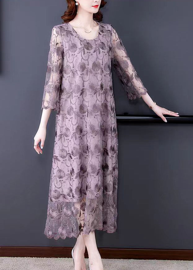French Grey Purple O-Neck Embroideried Floral Tulle Dresses Three Quarter sleeve