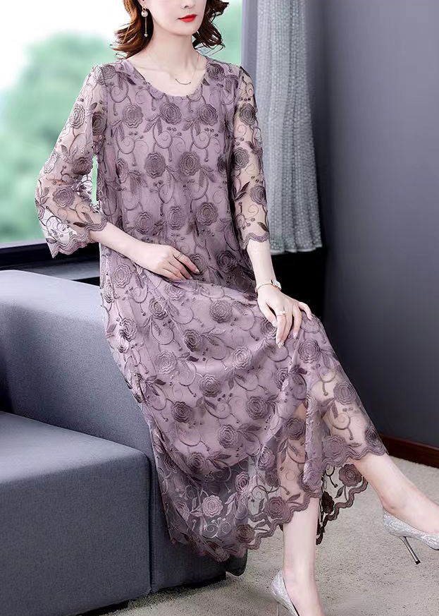 French Grey Purple O-Neck Embroidered Floral Tulle Dresses Three Quarter sleeve