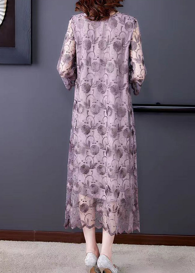 French Grey Purple O-Neck Embroidered Floral Tulle Dresses Three Quarter sleeve