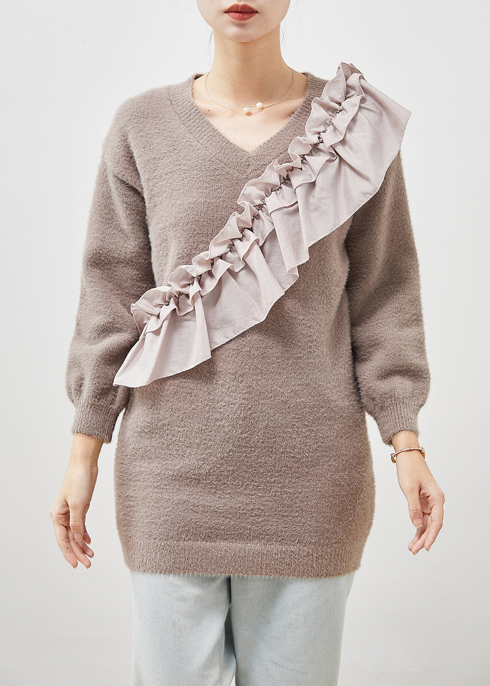 French Grey Ruffled Patchwork Thick Knit Sweaters Winter