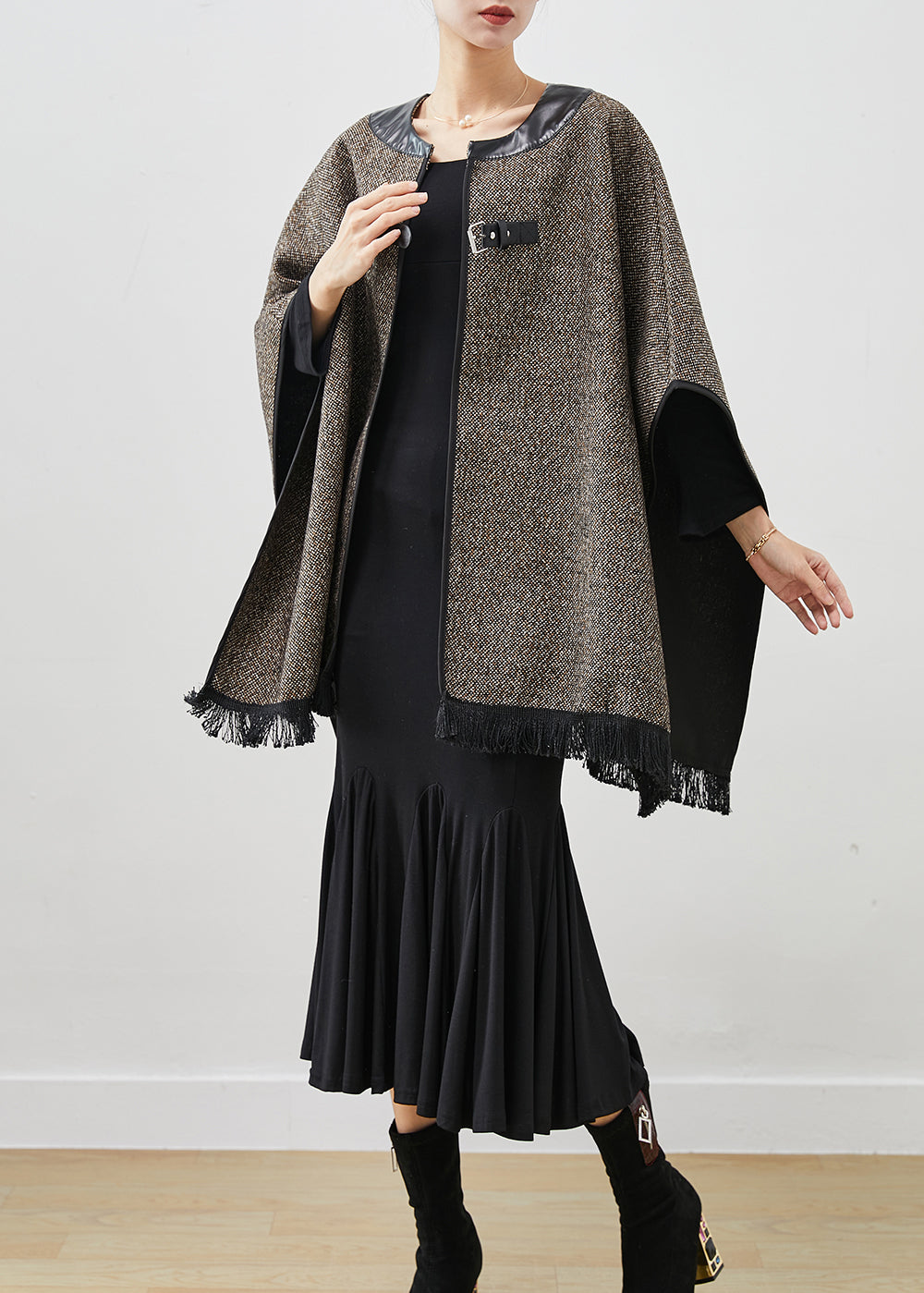 French Grey Tasseled Woolen Coats Two Pieces Set Cloak Sleeves