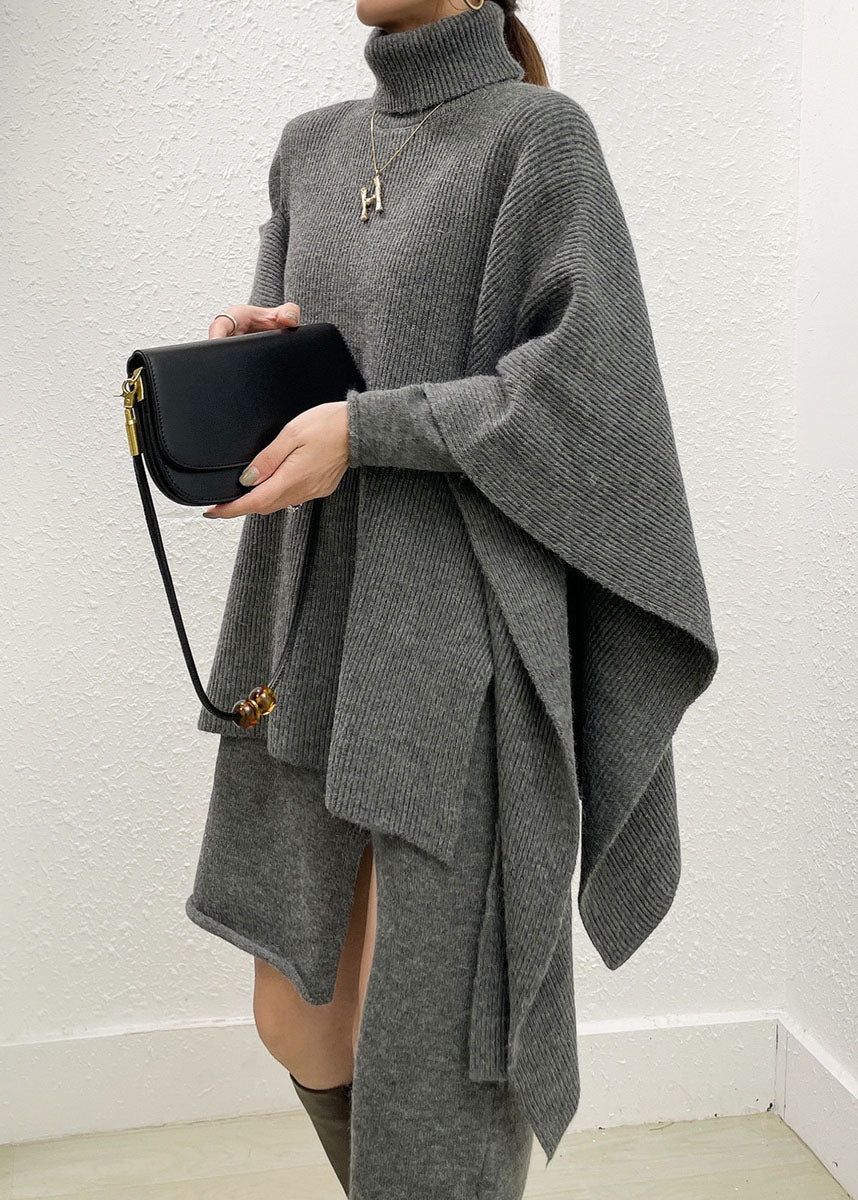 French Grey Turtle Neck Asymmetrical Knit Two Piece Set Outfits Cloak Sleeves