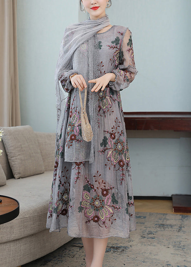 French Grey V Neck Embroideried Wrinkled Tulle Party Maxi Dress Fall