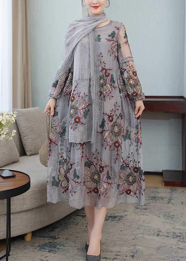 French Grey V Neck Embroideried Wrinkled Tulle Party Maxi Dress Fall