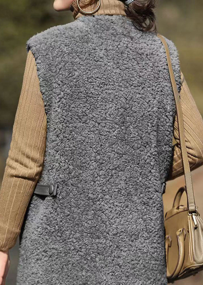 French Grey V Neck Pockets Patchwork Wool Vest Sleeveless