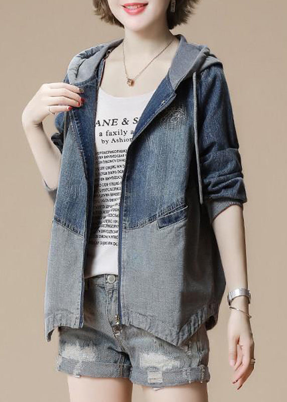 French Grey Zippered Patchwork Hoodie Denim Coats Fall