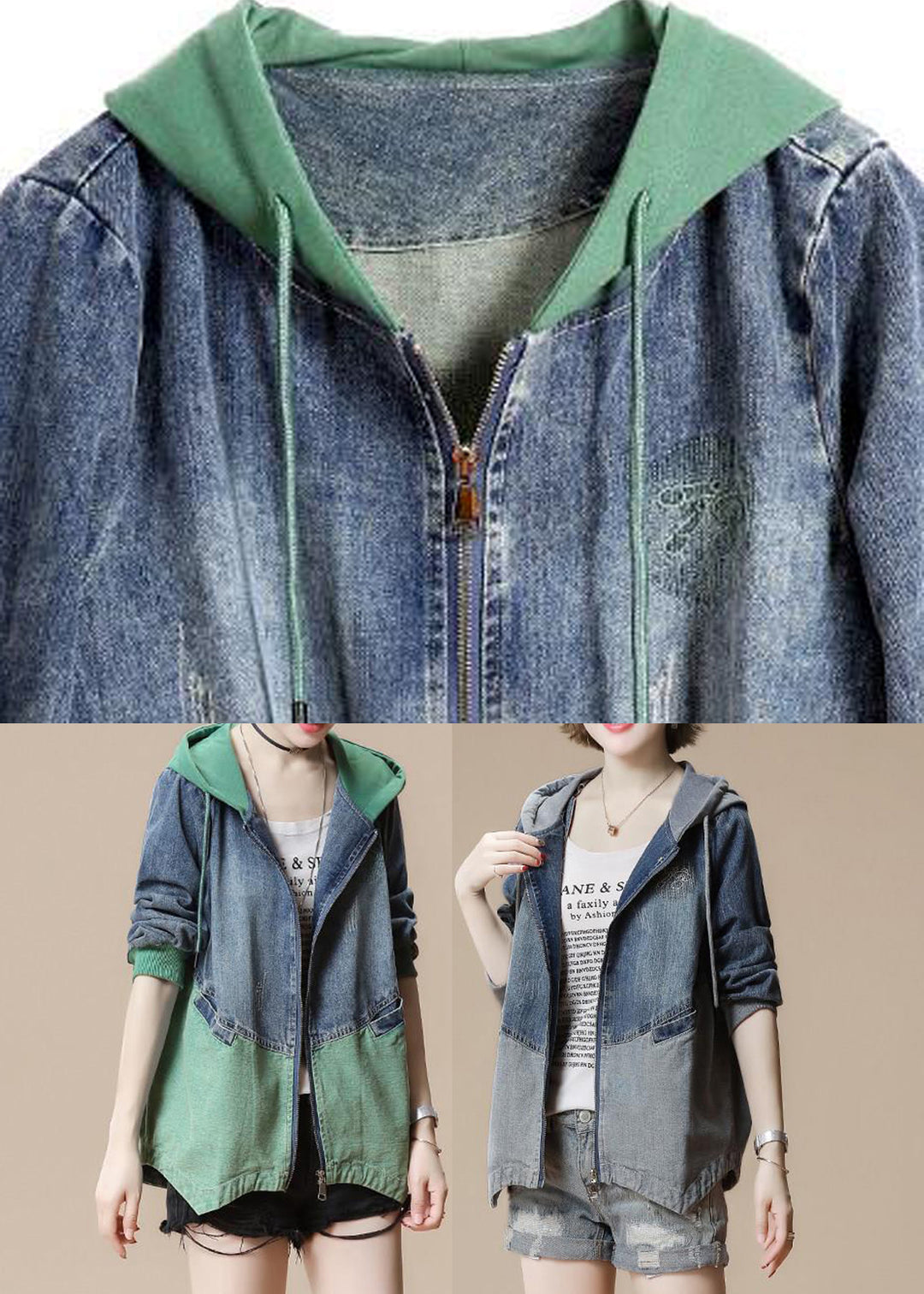 French Grey Zippered Patchwork Hoodie Denim Coats Fall