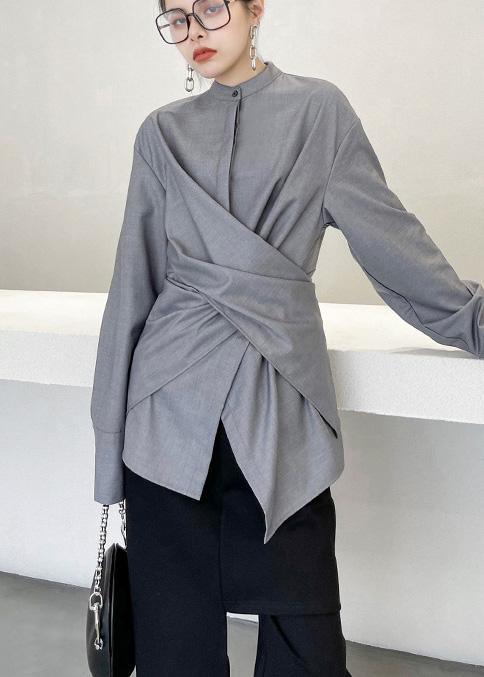 French Grey asymmetrical design  Long sleeve Spring Blouses - Omychic