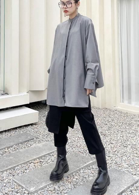 French Grey asymmetrical design  Long sleeve Spring Blouses - Omychic