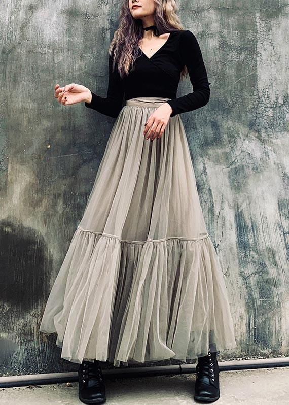 French Grey zippered Retro Mid Length Mesh Skirt - Omychic