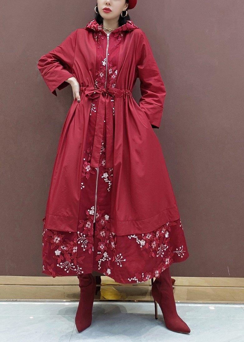 French Hooded Fine Spring Clothes For Women Red Embroidery Art Coats - Omychic