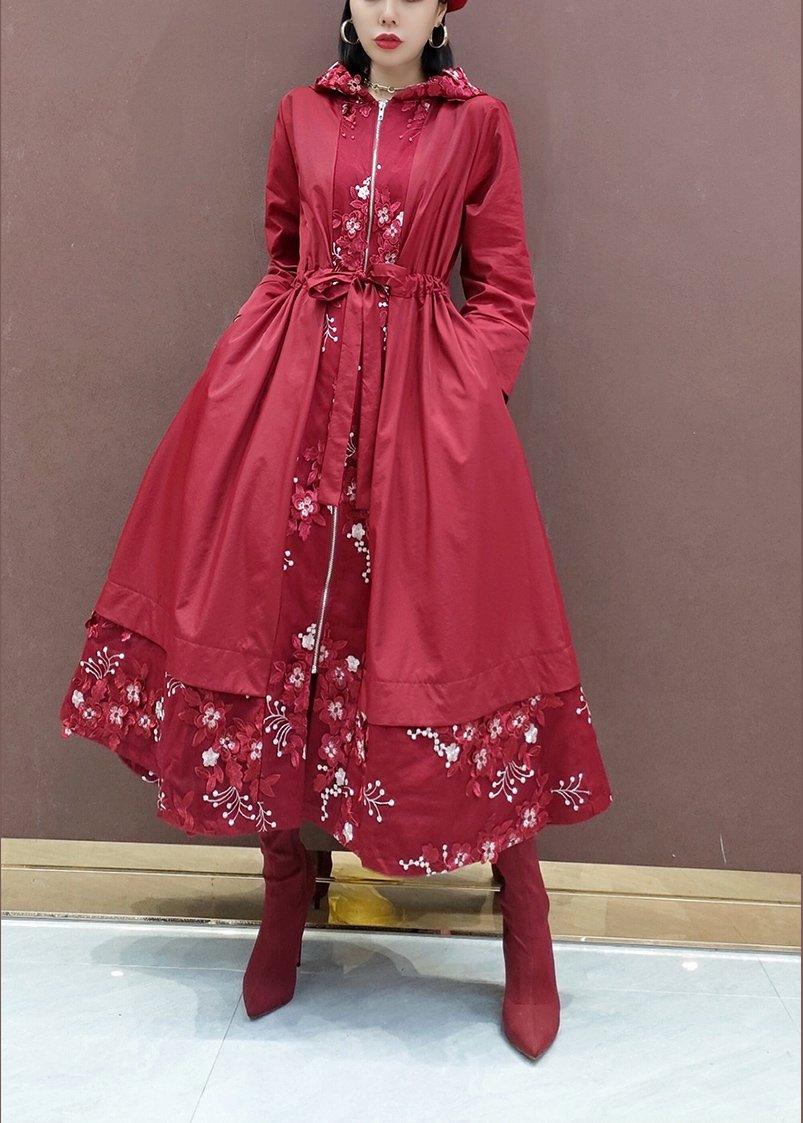 French Hooded Fine Spring Clothes For Women Red Embroidery Art Coats - Omychic