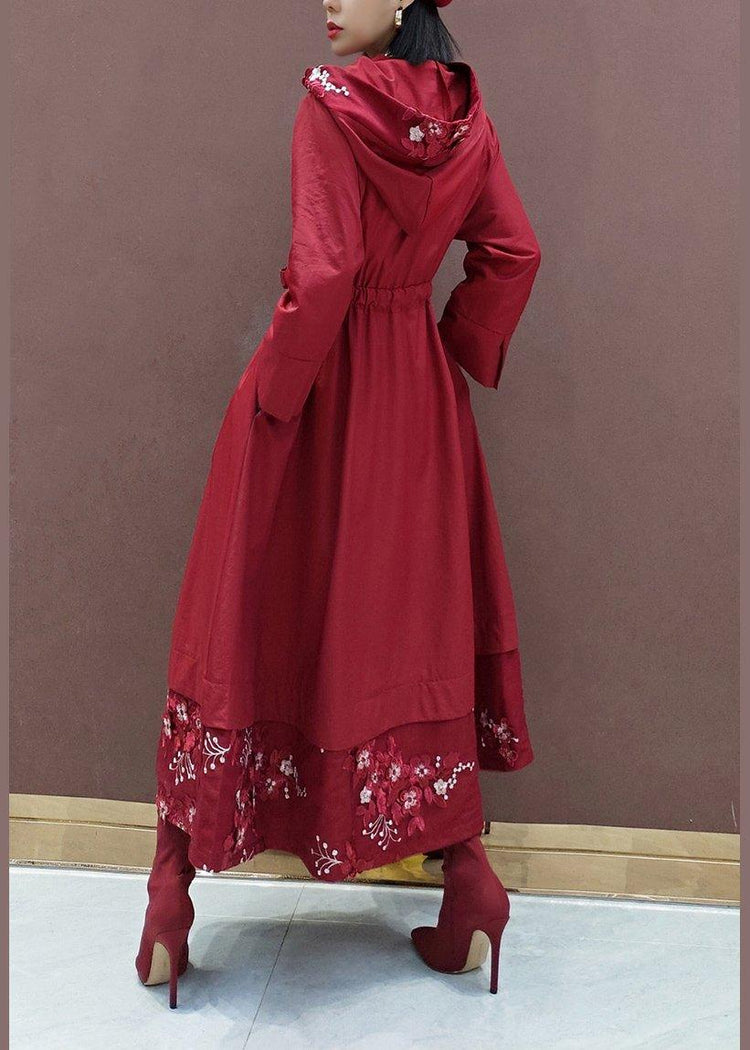 French Hooded Fine Spring Clothes For Women Red Embroidery Art Coats - Omychic