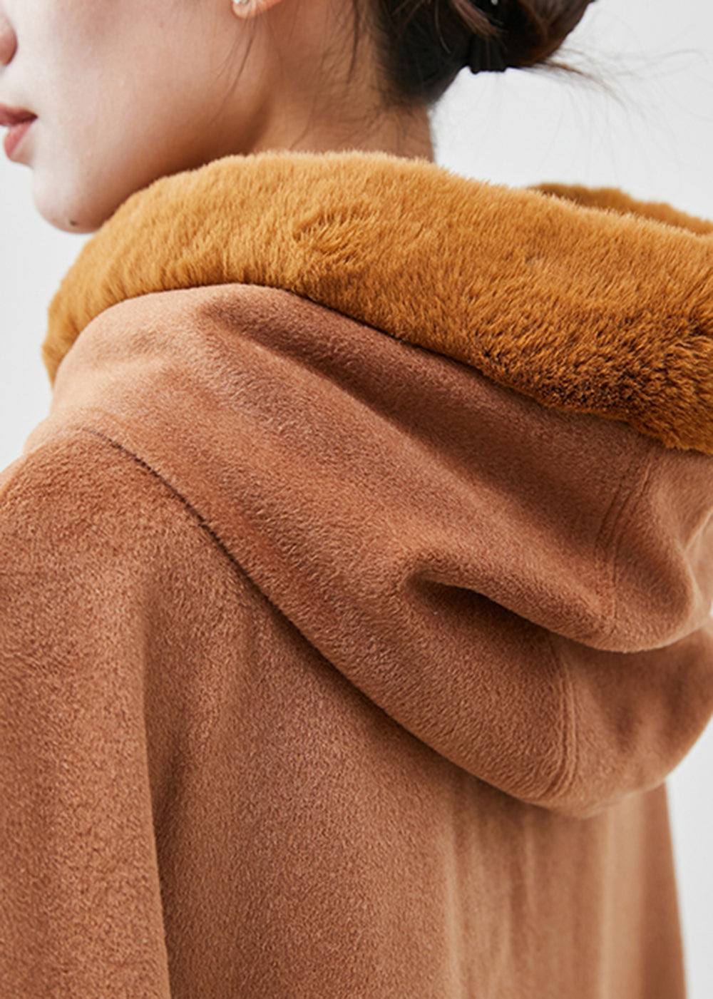 French Khaki Fur Collar Oversized Warm Fleece Hoodie Coat Cloak Sleeves