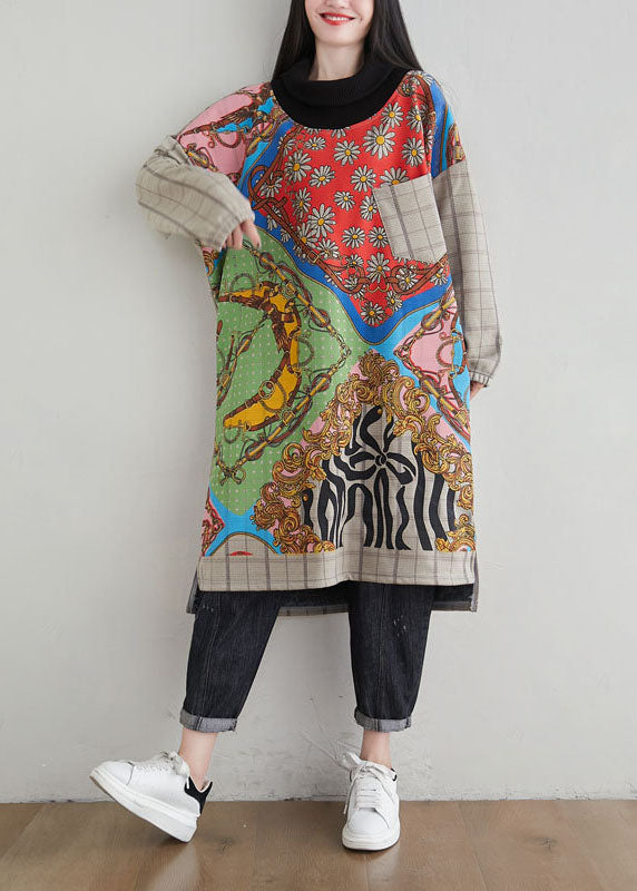 French Khaki Hign Neck Asymmetrical Design Print Warm Fleece Dresses Spring - Omychic