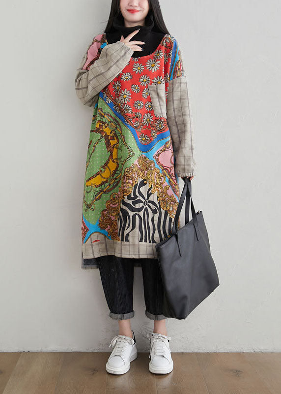 French Khaki Hign Neck Asymmetrical Design Print Warm Fleece Dresses Spring - Omychic