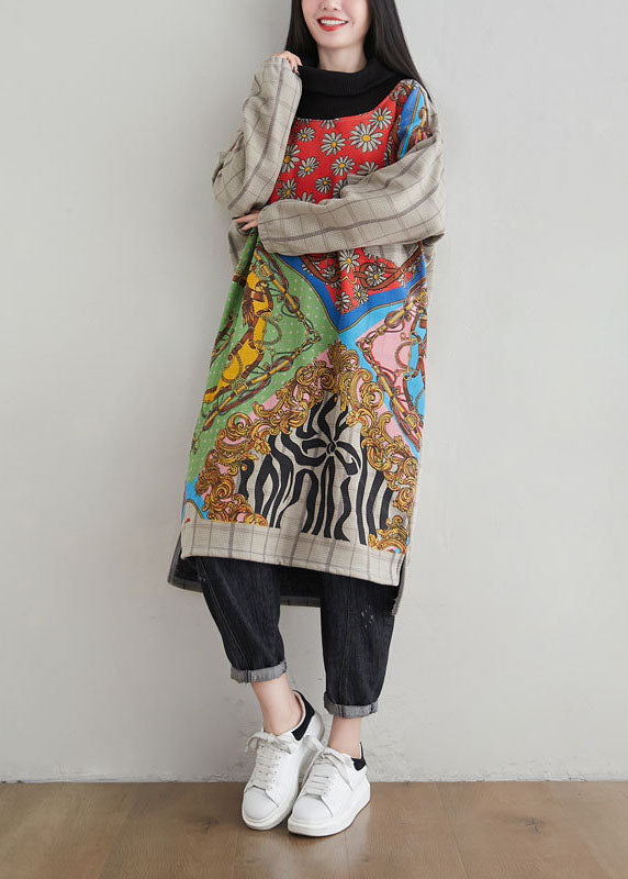 French Khaki Hign Neck Asymmetrical Design Print Warm Fleece Dresses Spring