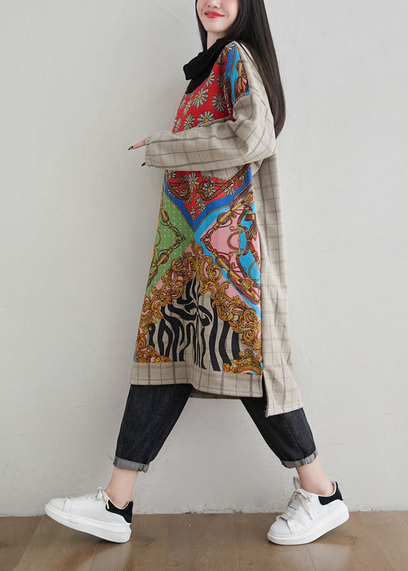 French Khaki Hign Neck Asymmetrical Design Print Warm Fleece Dresses Spring - Omychic