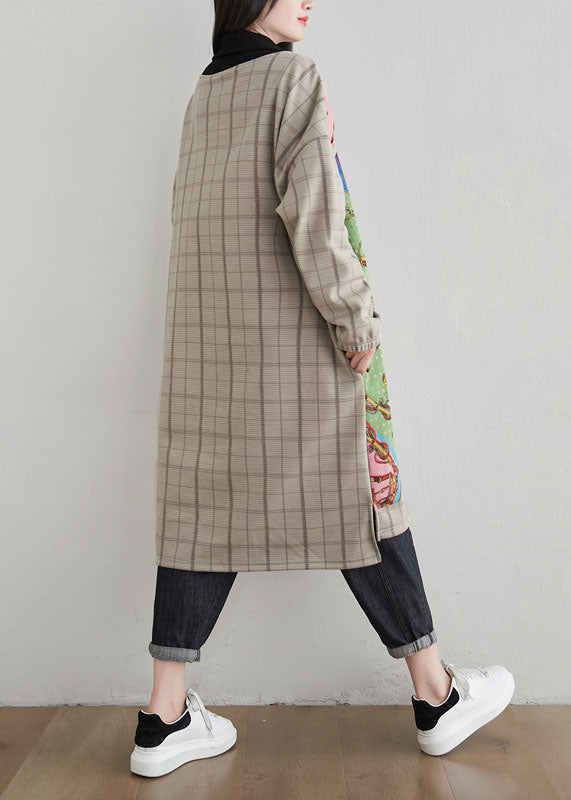 French Khaki Hign Neck Asymmetrical Design Print Warm Fleece Dresses Spring - Omychic