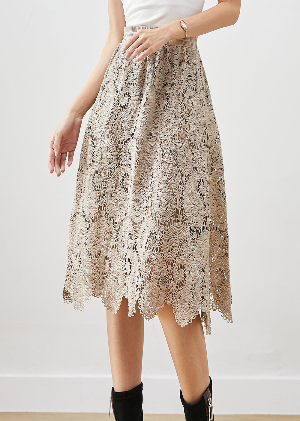 French Khaki Hollow Out Lace Skirts Fall