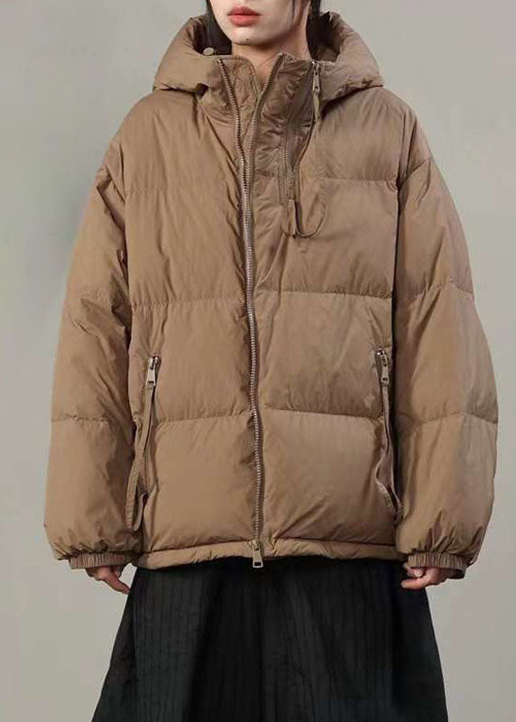 French Khaki Hooded Pockets Thick Duck Down Puffer Jacket Winter