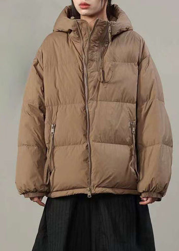 Boutique Khaki Hooded Drawstring Zippered Duck Down Puffer Jacket In Winter