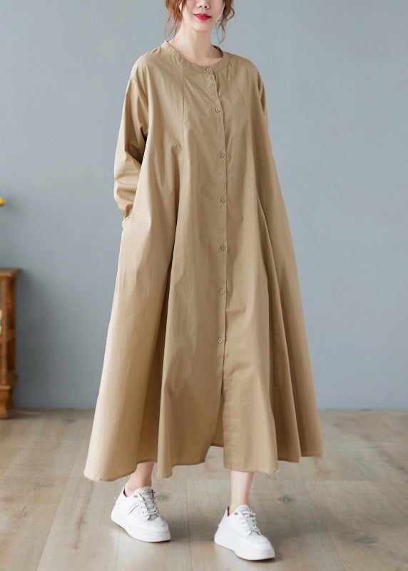 French Khaki O Neck Button Long Cotton Shirts Dresses Spring